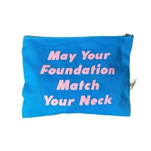 Blue Cosmetic Bag with Pink Text